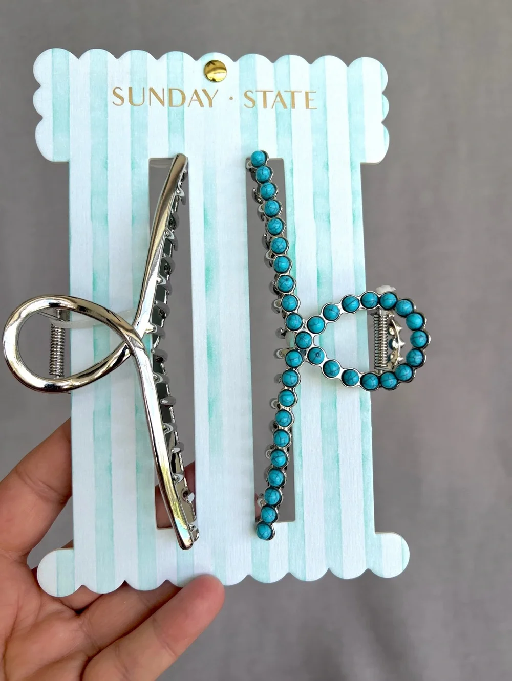 Sunday State Large Metal Claw Jaw hair clip Silver Turquoise Beads Encrusted 2